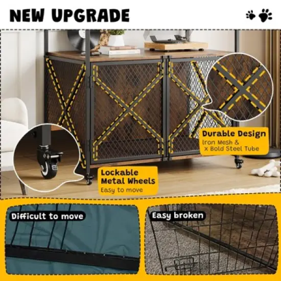 Dog Crate Furniture with Wheels, Chew-Resistant Dog Kennel Indoor, Decorative Dog Cage End Table, Heavy Duty Pet House for Small to Medium Dogs image {6}