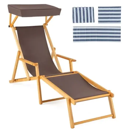 Costway Birch Wood Chaise Lounge Chair with Adjustable Canopy Reclining Backrest & Footrest Brown/Navy image {9}