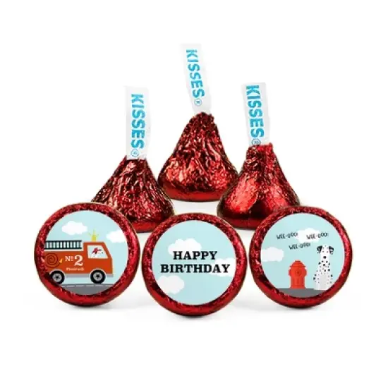 100ct Fire Truck Birthday Candy Party Favors Hershey's Kisses Milk Chocolate (100 Candies + 1 Sheet Stickers) - Assembly Required - by Just Candy image {1}