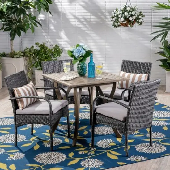 Christopher Knight Home Hartford Outdoor Acacia Wood and Wicker 5 Piece Dining Set with Cushions image {1}