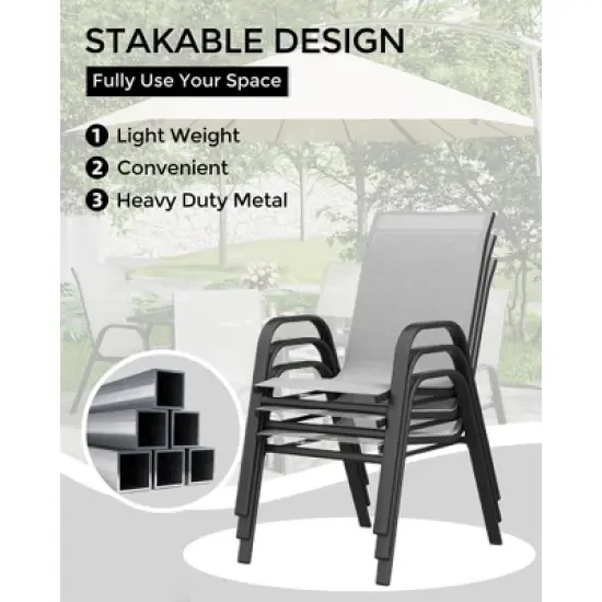 4 Set of Patio Stackable Chairs, Outdoor Stacking Dining Chairs, Leisure Recliner for Pools, Deck, Backyard, Grey Textile Metal Frame with armrests image {2}