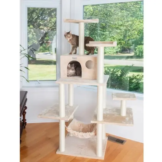 GleePet GP78680621 68-Inch Real Wood Cat Tree In Beige With Five Levels, Hammock, Condo image {3}