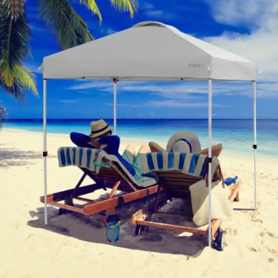 Tangkula 6.6&rsquo; x 6.6&rsquo; Pop-up Canopy Tent Outdoor Camping Sun Shelter w/ Portable Roller Bag & 4 Weight Bags Blue/ White/ Grey image {3}