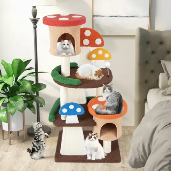 Tangkula Wooden Cat Tree w/ Sisal Scratch Board & Post Padded Perch Hanging Toys Modern image {2}