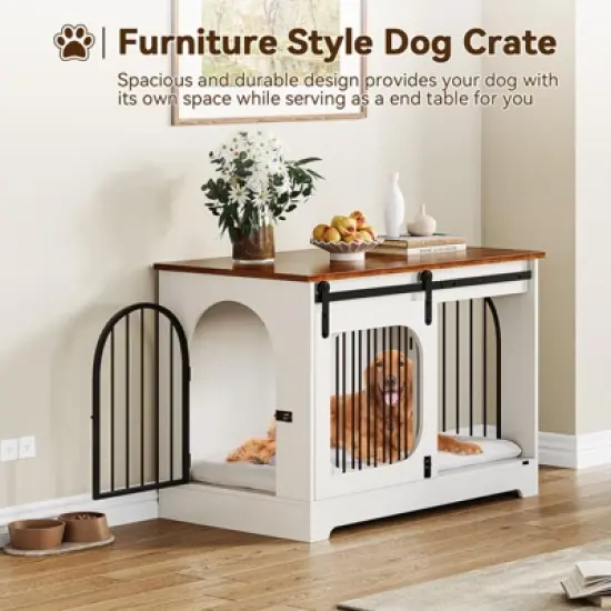Dog Crate Furniture, 39.4" Dog Kennel for Dogs Up to 70 Lb, with Bed Mat, Heavy-Duty Dog Cage End Table, Three Doors Dog House, White image {1}