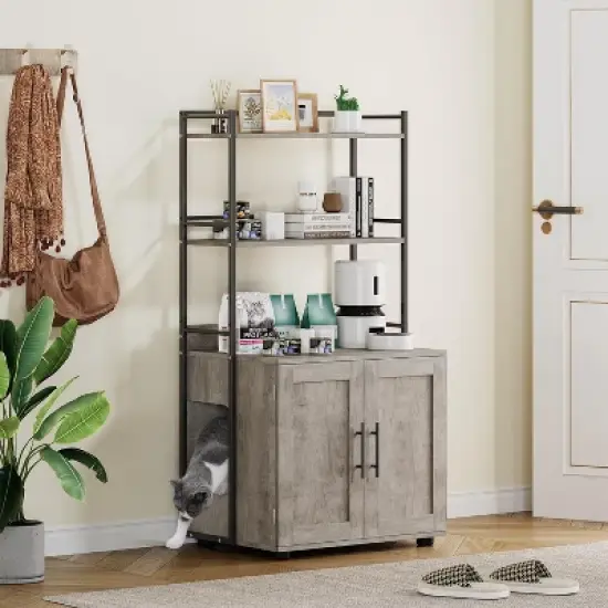 Cat Litter Box Enclosure with Storage Shelves and Double Doors, Hidden Cat Cabinet, Grey/Brown image {7}