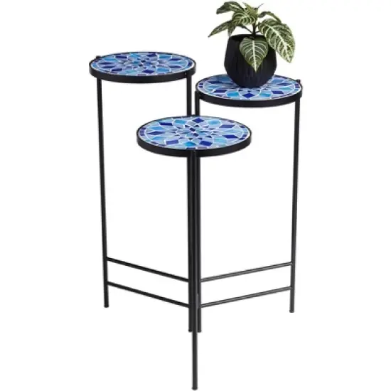 Teal Island Designs Modern Black Round Outdoor Accent Side Tables 10" Wide Set of 3 Blue Mosaic Tabletop for Front Porch Patio Home House image {7}