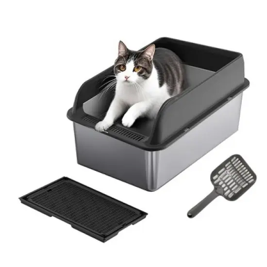 COZONY Stainless Steel Cat Litter Box with Lid &mdash; Large High-Wall Metal Enclosure with Scoop & Mat, Non-Sticky Surface for Easy Cleaning image {6}