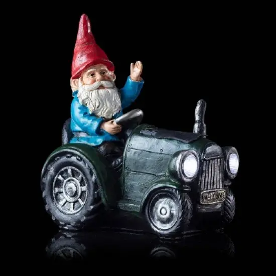 10" Polyresin Solar Tractor Riding Gnome with LED Lights Green - Alpine Corporation image {5}