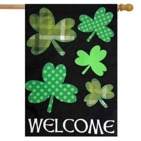 Shamrocks St. Patrick's Day Burlap House Flag Welcome 28" x 40" Briarwood Lane image {1}