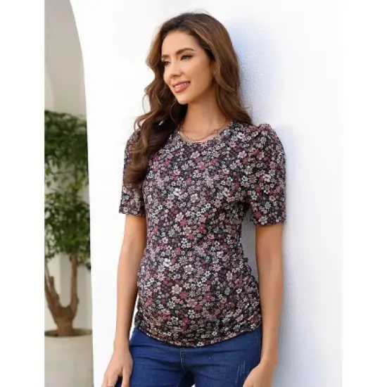 Coolmee Women Summer Maternity Shirts Puff Short Sleeve Floral Print Round Neck Tunic Top Casual Pregnancy Clothes image {4}