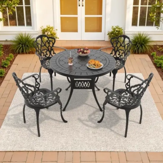 5-Piece Cast Aluminum Outdoor Dining Set with Beige Cushions, Rectangle Table & Ergonomic Chairs - for Patio, Backyard image {1}
