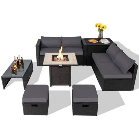 Tangkula 9 Pieces Outdoor PE Rattan Wicker Sectional Sofa with 42" Gas Fire Pit Table Space-Saving Patio Conversation Set with Storage Box Black/Grey/Navy/Red/Turquoise/Off White image {11}