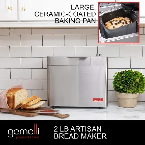 Gemelli Home&trade; 2LB Artisan Bread Maker, Stainless Steel w/ 21 Functions, Fruit/Nut Dispenser, 3 Loaf Sizes, 3 Shades, Gluten-Free Settings, Ceramic Pan image {1}