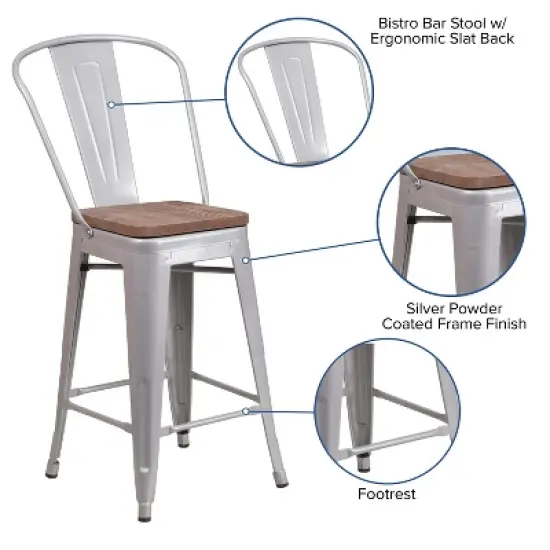 Merrick Lane Metal Dining Stool with Curved Slatted Back and Textured Wood Seat image {8}