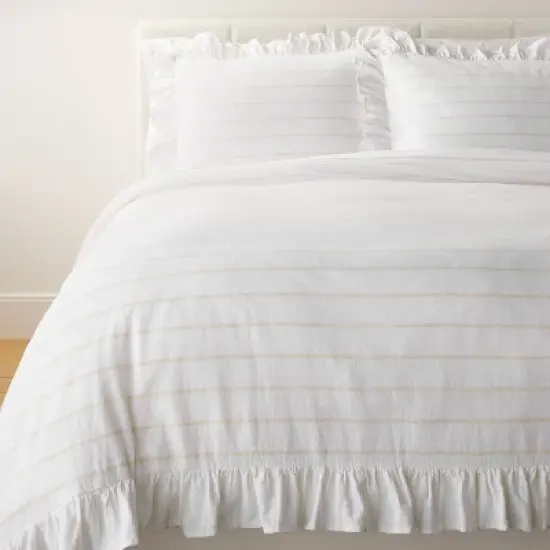 Yarn Dye Stripe with Ruffle Duvet Cover & Sham Set White/Khaki - Threshold&trade; with Studio McGee image {1}