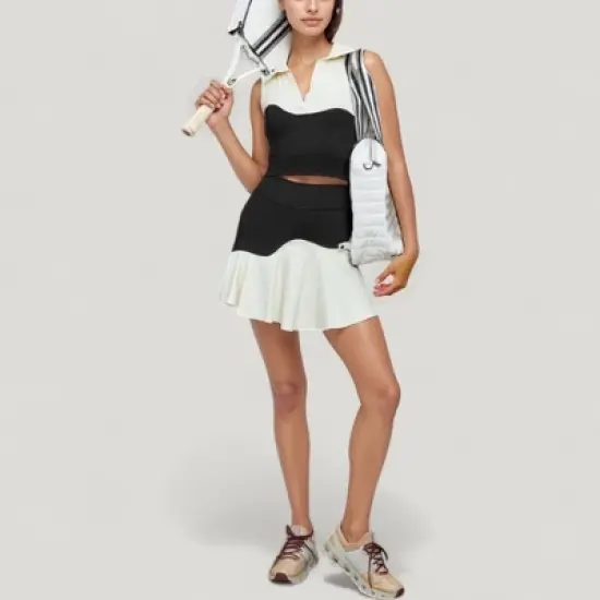 Anna-Kaci Active Women's Sleeveless Colorblock Cropped Top with Collared Neckline and Sculpted Contrast Design image {2}