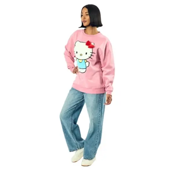 Hello Kitty Big Face Plush Character Women's Pink Crew Neck Long Sleeve Oversized Fleece Sweatshirt image {1}
