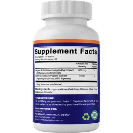 KSM-66 Ashwagandha Root Extract + Bioperine - 600mg, 60 Veggie Caps image {7}