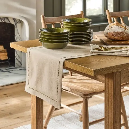 Embroidered Border Standard Runner Natural/Green - Hearth & Hand&trade; with Magnolia image {1}