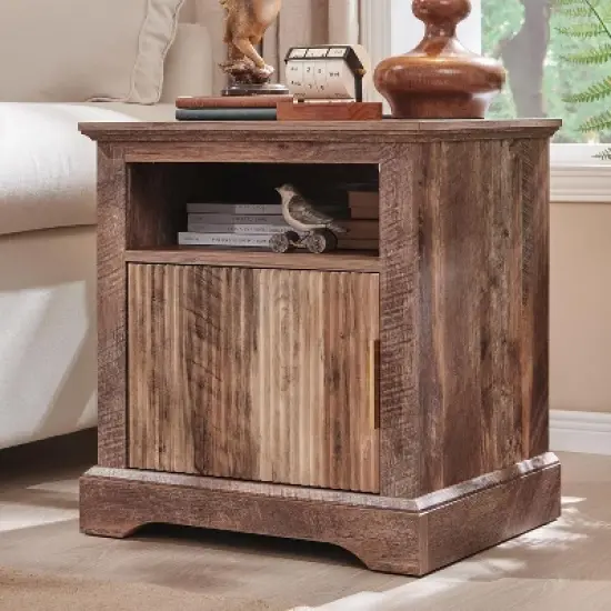 Nightstand with Charging Station, 22" Large Modern Side Table, Wood End Table w/Open Shelf & Spacious Tabletop image {7}