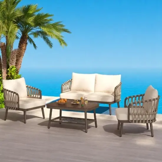 4-Piece Outdoor Conversation Set with Woven Rope U-Shaped Backrest, Acacia Wood Coffee Table, Water-Repellent Cushions image {10}