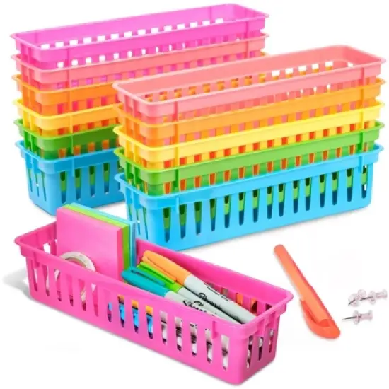 Infinite Curiosity 12-Pack Pencil Holder Trays and Organization Baskets - Plastic Caddy for Desk and Elementary Teacher Supplies image {8}