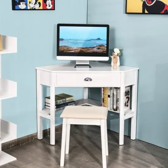 Costway Triangle Computer Desk Corner Office Desk Laptop Table w/ Drawer Shelves Rustic White image {1}