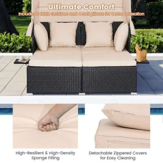Tangkula Outdoor Wicker Lounge Daybed Hand-Woven PE Rattan Patio Loveseat Sofa Set with Retractable Canopy & 2 Side Tables with Soft Cushions Beige image {7}