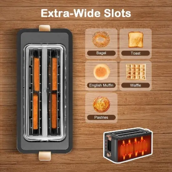 Mecity 4-Slice Long Slot Toaster - Stainless Steel, 1300W, 6 Browning Settings, with Warming Rack & Removable Crumb Tray image {4}