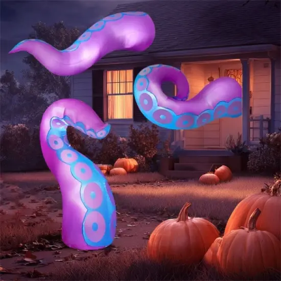 Joyfy 3 Pcs Halloween Inflatable Outdoor Decorations, Purple Octopus Tentacle with Built-in LEDs Broke Out from Window for Halloween Window Roof Decor image {4}