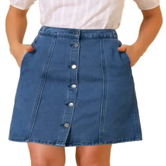 Allegra K Women's Elastic Back Short Button Down Denim Skirts with Pockets image {8}