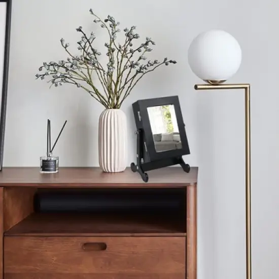 Gulches Small Mirror Jewelry Cabinet Organizer Armoire Storage Box Countertop with Stand Black image {3}