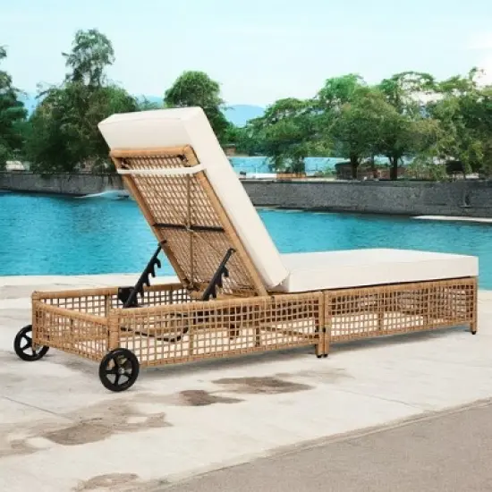 Mshliw Outdoor Lounge Chair with 5-Position Backrest, Rattan Chaise Lounge with Cushion and Wheels for Poolside, Backyard & Garden image {10}