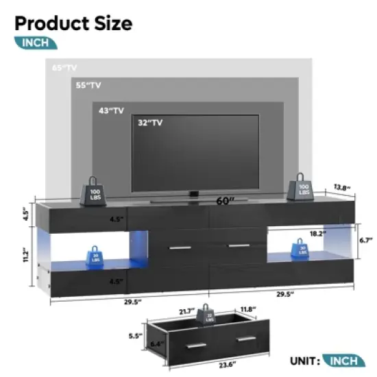 Bestier Black High Gloss TV Stand for TV up to 65" LED Television Entertainment Center Modern TV Cabinet with Storage Drawers image {4}