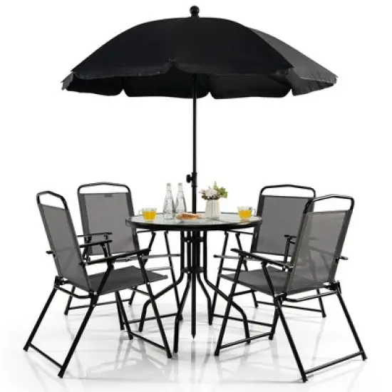 Tangkula 6PCS Patio Garden Dining Set w/ Round Table & 4 Folding Chairs & Umbrella image {7}