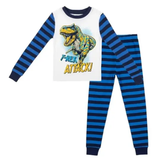 Dinosaur Character Blue And Black Stripe Youth Long Sleeve Pajama Set image {4}