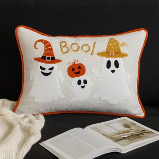 Yukimo 14x20 Halloween Boo Ghost Pillow with Embroidered Design, Removable Velvet Cover and Polyester Insert, Fall and Thanksgiving Decorative Accent image {1}