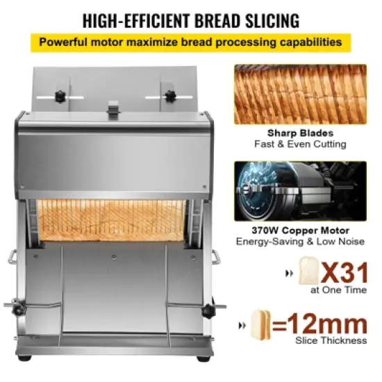 VEVOR Commercial Toast Bread Slicer, 12mm Thickness Electric Bread Cutting Machine, 31PCS Commercial Bakery Bread Slicer, Silver image {4}