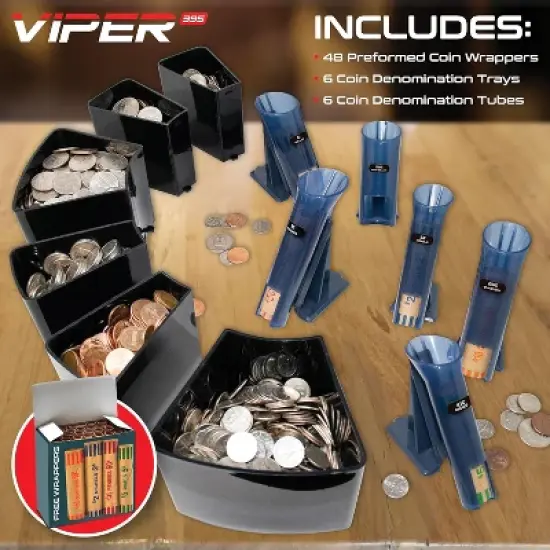 SafeTech Viper V395 Coin Counter, Sorter, and Wrapper, with 48 Preformed Wrappers and Dust Cover in Black image {6}