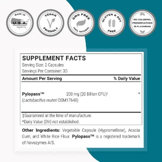 SuperSmart H. Pylori Formula 20 Billion CFU per Day - Probiotic Lactobacillus Reuteri DSM 17648 | Non-GMO & Gluten Free - 60 Vegetarian Capsules image {3}