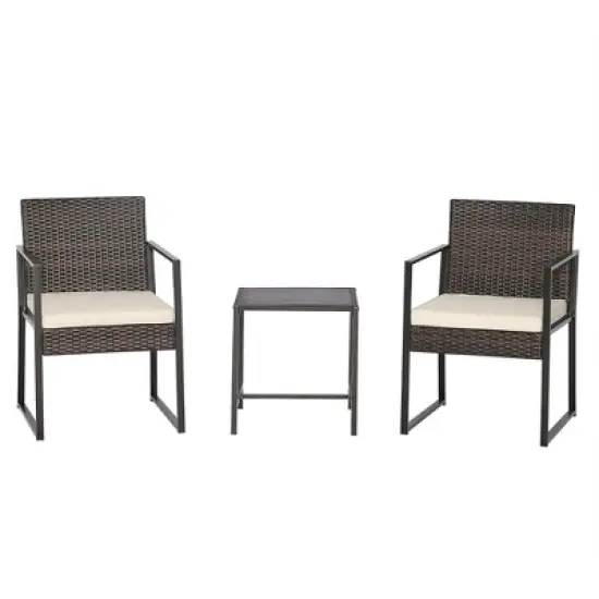 Tangkula 3PCS Patio Rattan Hand-Woven PE Wicker Bistro Set Outdoor Furniture Set w/ Table & Cushion image {9}