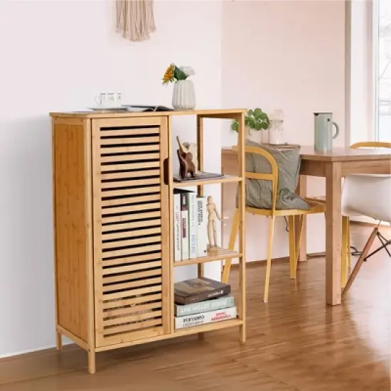 Costway Bathroom Cabinet Bamboo Storage Floor Cabinet w/ Single Door & 3 Open Shelves image {4}