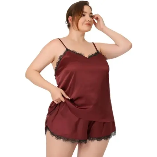 Agnes Orinda Women's Plus Size Lace Panel Elastic Waist Camisole Pajama Set image {8}