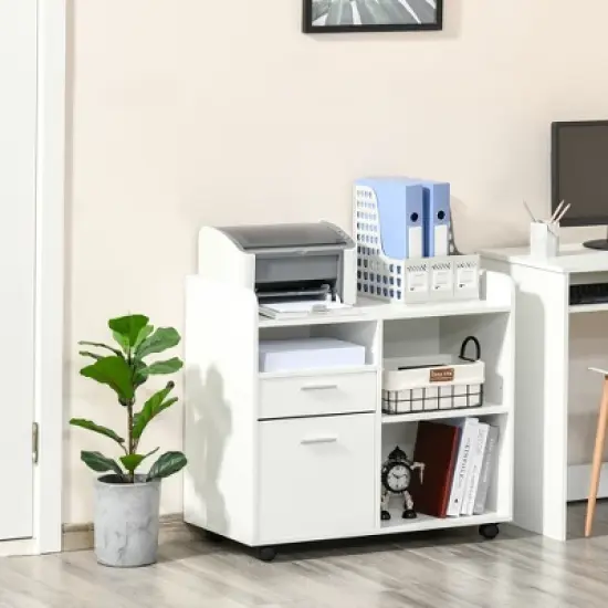 Vinsetto Filing Cabinet Printer Stand Mobile Lateral File Cabinet with 2 Drawers, 3 Open Storage Shelves for Home Office Organization, White image {1}