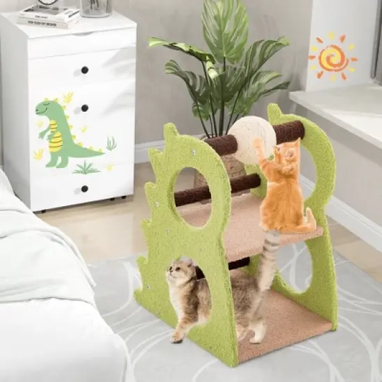Tangkula 2-Tier Dinosaur Cat Tree Tower w/ Rotating Scratching Sisal Ball Climbing Rods image {2}