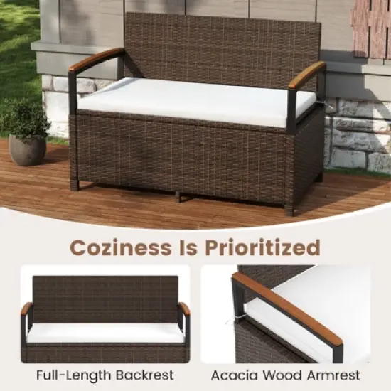 Tangkula Outdoor Storage Bench w/Cushion Backrest & Acacia Wood Armrests Hidden Storage image {6}