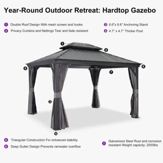PURPLE LEAF Outdoor Gazebo Aluminum Frame Galvanized Steel Double Roof Patio Hardtop Gazebo with Curtains and Netting for Patio Lawn and Garden image {11}