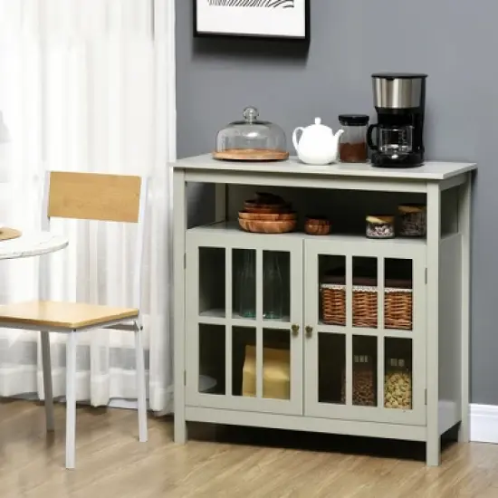 HOMCOM Kitchen Sideboard, Storage Buffet Cabinet with Open Shelf, Glass Door Cabinet and Adjustable Shelf for Living Room, Gray image {2}