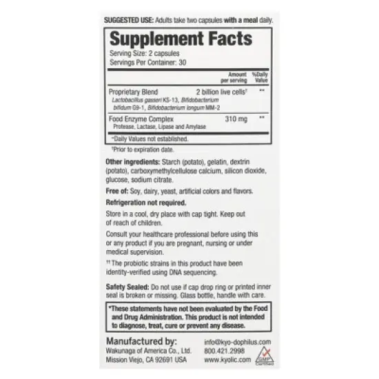 Kyolic Kyo Dophilus, Enzyme + Probiotic, 60 Capsules image {1}